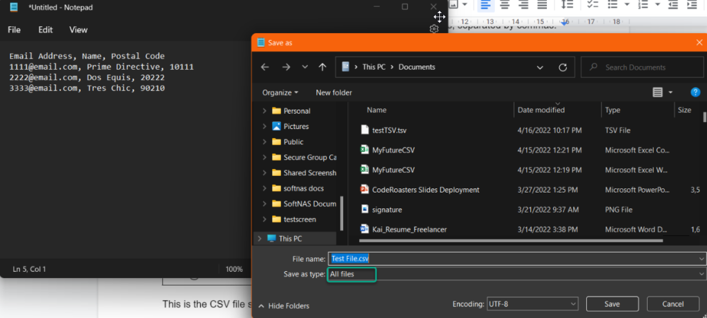 Savin text from Notepad as a CSV file
