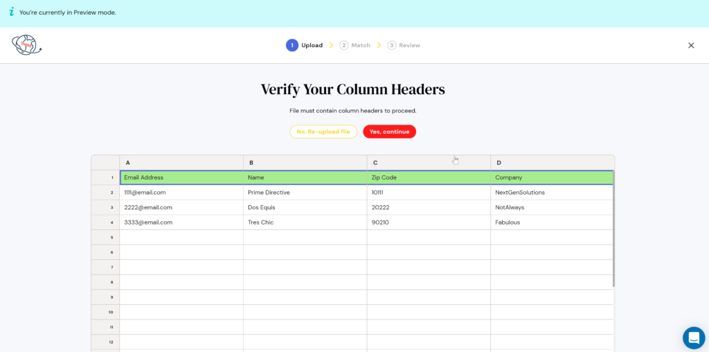 Fuse app column headers step on preview mode